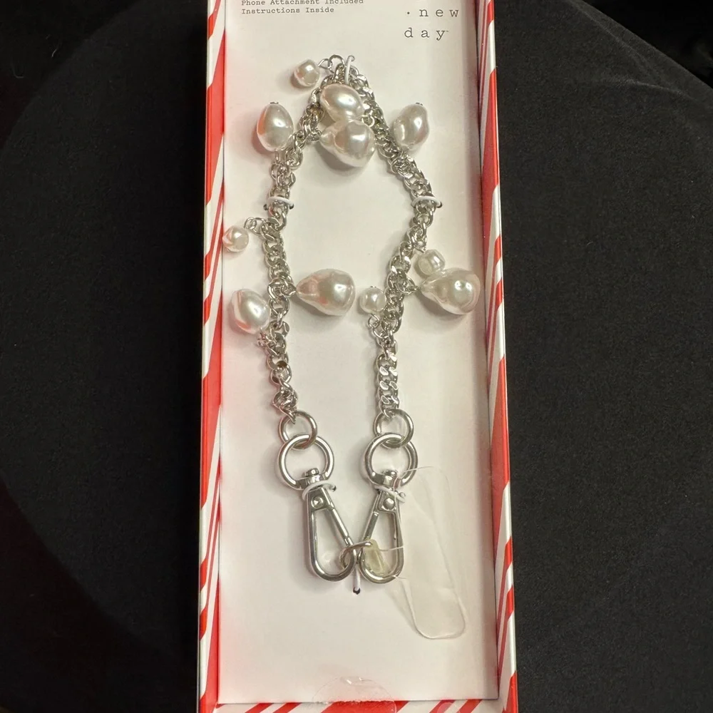 A New Day Silver Chain cell phone wristlet with Pearls